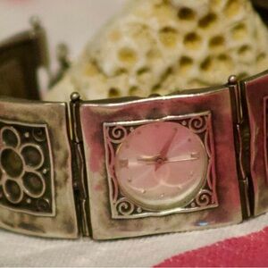 Vintage Pink Amber Stone Link Band Watch 925 Sterling Silver OT 399